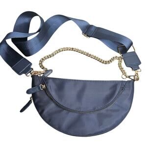 Chico's royal blue half moon zip nylon gold chain cross body purse bag